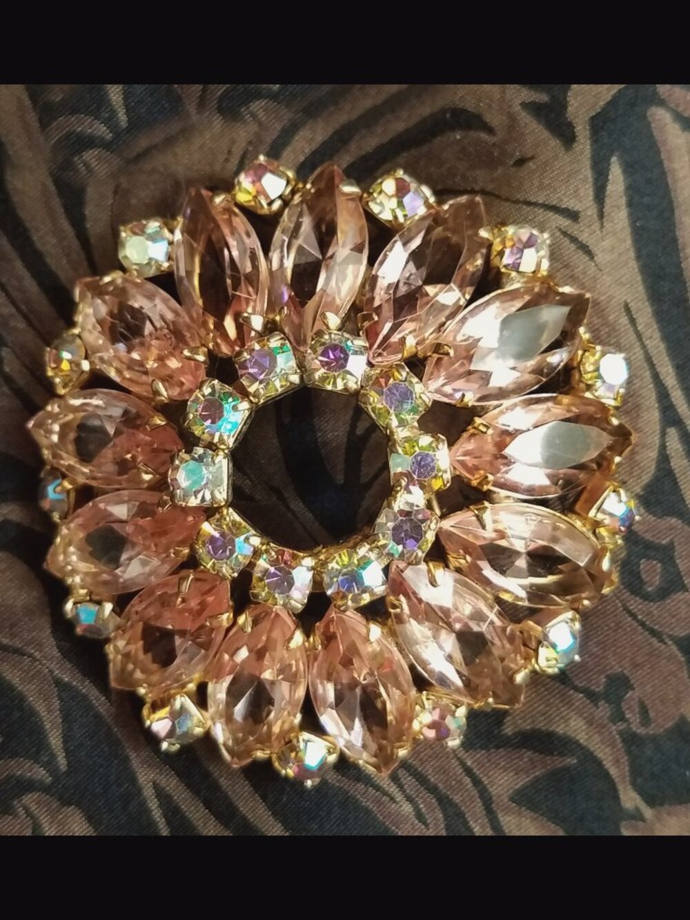 Vintage Rhinestone Wreath Brooch 50s-60s Pink AB Crystal Gold-Tone Juliana Style